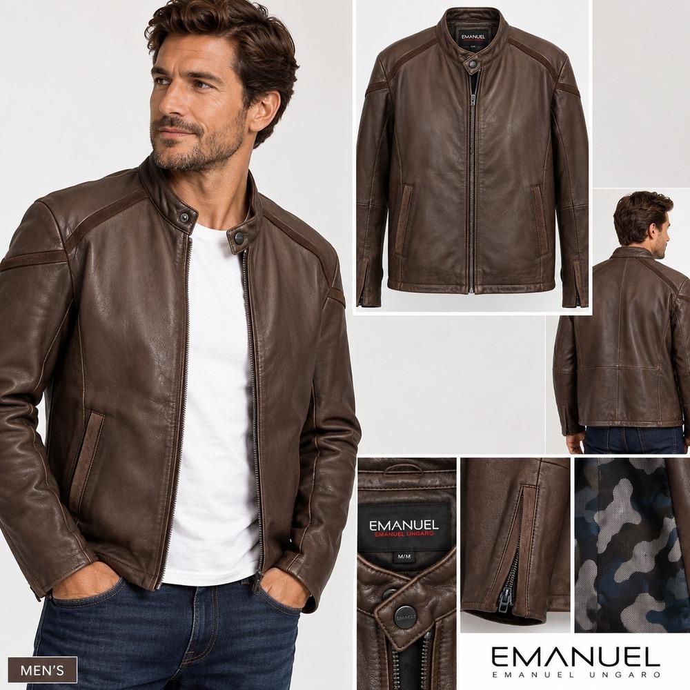 Emanuel Ungaro Mens Brown Lamb Leather Moto Jacket Suede Trim Camo Lining M